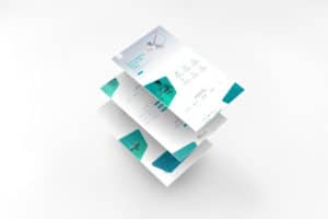 Stack of white and green business cards on a white background
