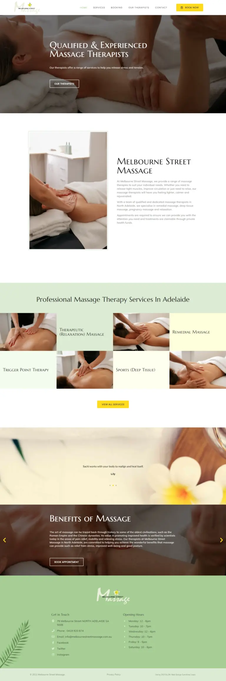 Full-page view of the Melbourne Street Massage website designed by DIGITALON