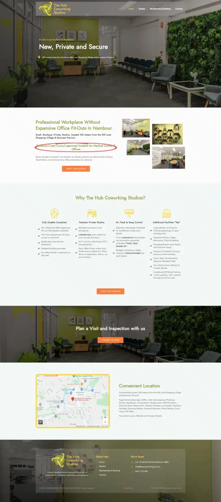 Full-page view of The Hub Coworking Studios website designed by DIGITALON