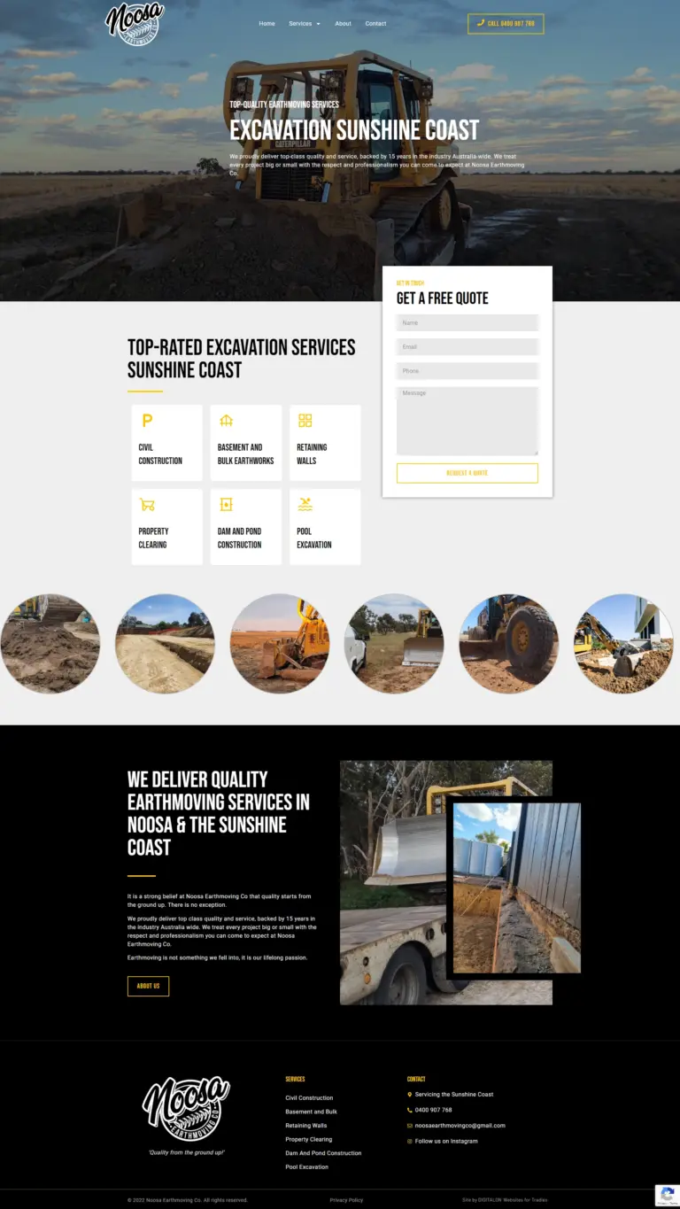 Full-page view of the Noosa Earthmoving Co website designed by DIGITALON