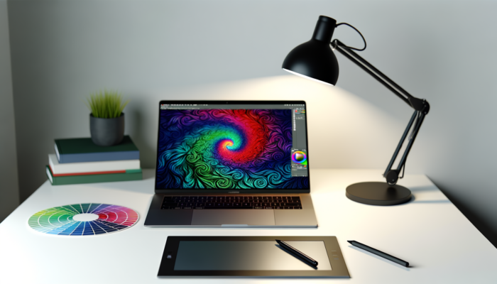 Laptop computer sitting on a desk next to a lamp