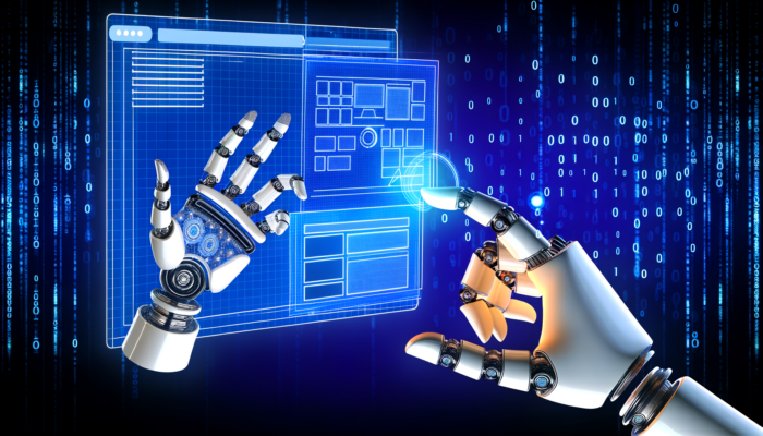 Two robotic hands touching each other robotic hands
