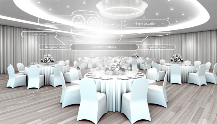 Room filled with white tables and chairs