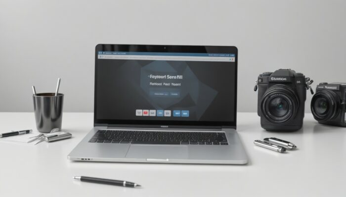 Laptop and camera on a desk with a cup of coffee