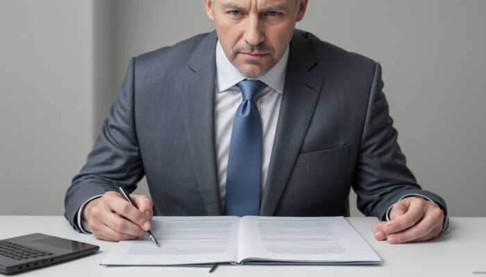 Man in a suit sitting at a desk with a pen and paper