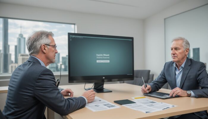 Two men sitting at a desk in front of a computer