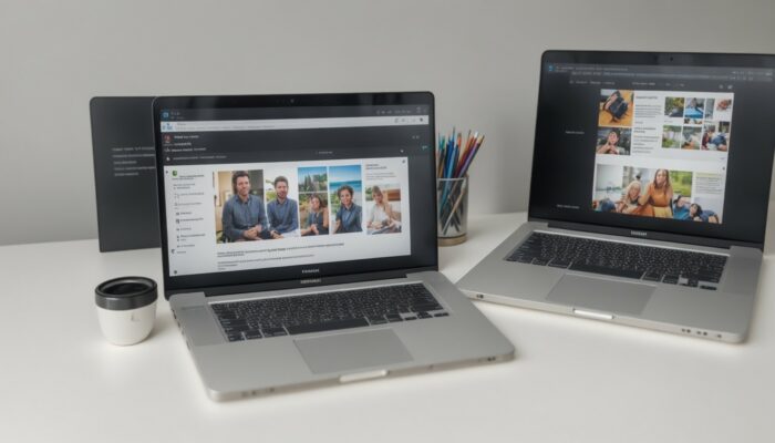 Two laptops sitting on top of a white table