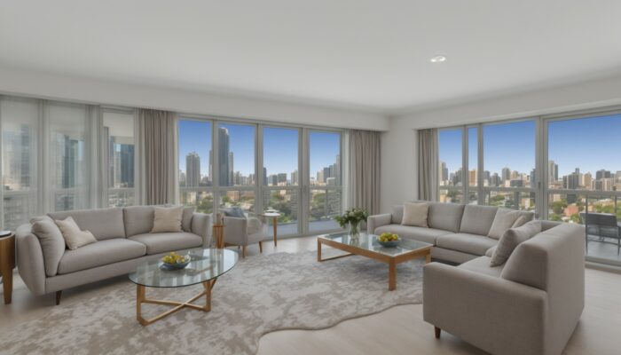 Living room filled with furniture and a view of the city