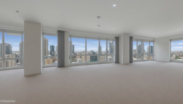 Living room with large windows and a view of the city