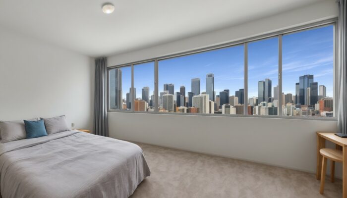 Bedroom with a view of the city