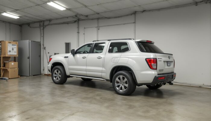 White truck is parked in a garage