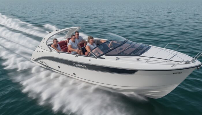 Couple riding in a white boat on the water