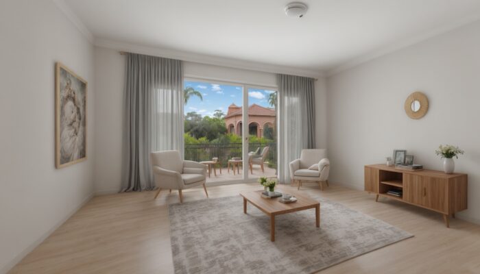 Living room filled with furniture and a large window