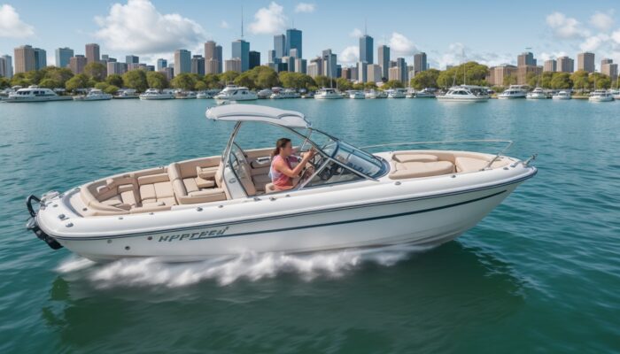 Woman driving a boat in the water