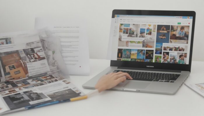 Person typing on a laptop with a magazine on the screen
