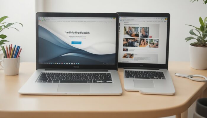 Two laptops sitting on top of a wooden desk