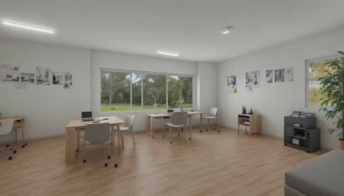 Room with a couch, desks, and a television