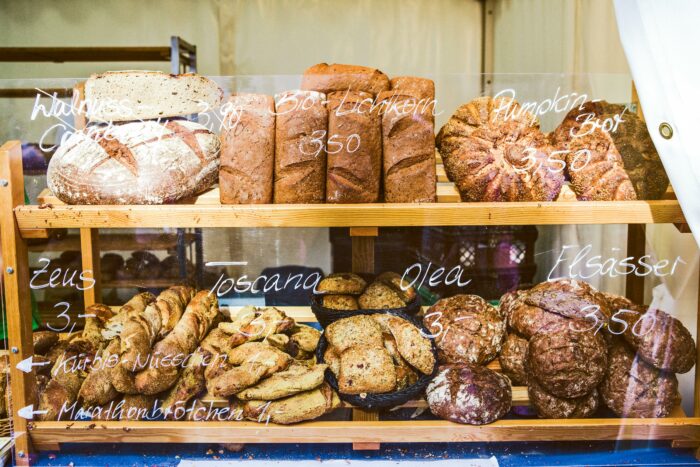 Display of bread and pastries in a bakery