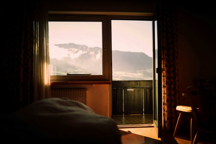 Window with a view of a mountain