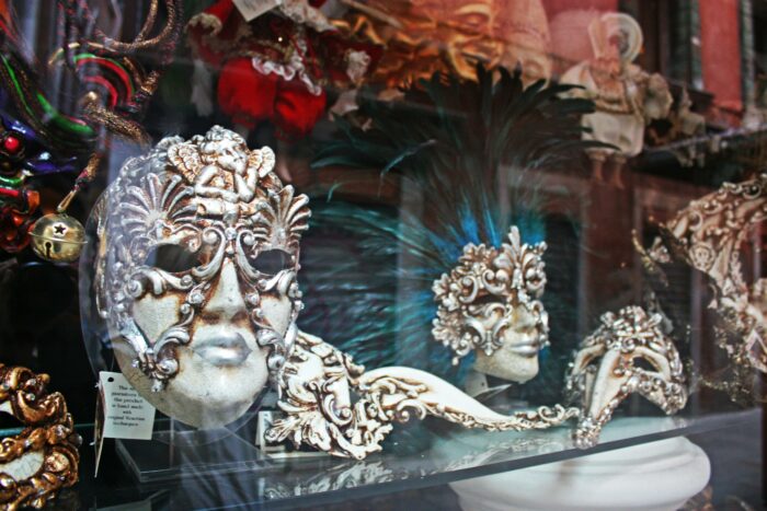 Masks on display in a shop window