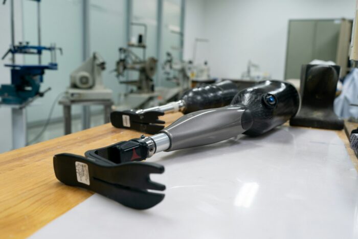 prosthetic leg at prosthetist clinic.. Prosthetics Laboratory