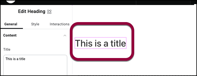 Elementor 4 Heading selected on the page, with the General tab and text field visible.