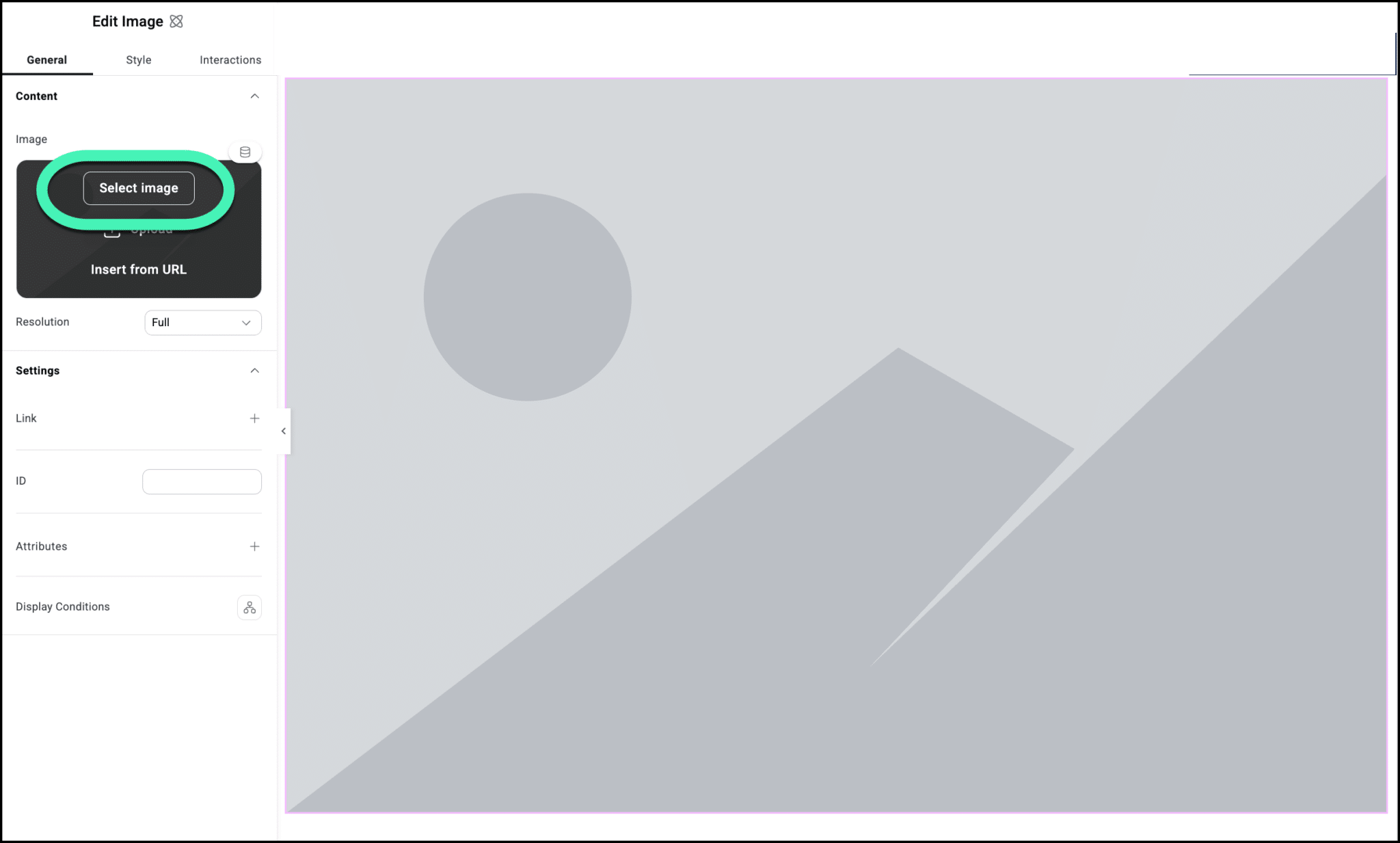 Elementor 4 Image element: the Select image control is highlighted in the General tab.