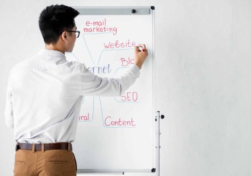 back view of seo manager writing on flipchart website