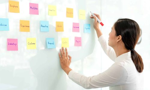 Businesswoman executive writing and taking notes keyword on board wall to planning about a business