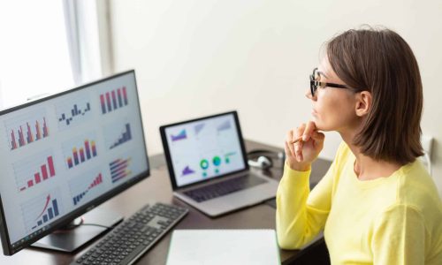 Caucasian advisor financial business analytics woman with data dashboard graphs Caucasian advisor financial business analytics woman with data dashboard graphs
