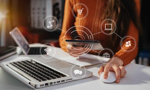Digital marketing media in virtual icon globe shape business open his hand, working touch screen tab Digital marketing media in virtual icon globe shape business open his hand, working touch screen tab