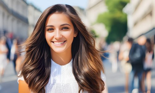 Elegant young woman with volume brown hair on city background. Generative AI. Woman with long brown hair