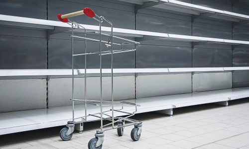 Empty shelves and shopping cart in supermarket, all sold out due to panic
