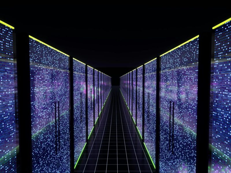 Modern data center servers room with neon lights AI iot learning 3d rendering